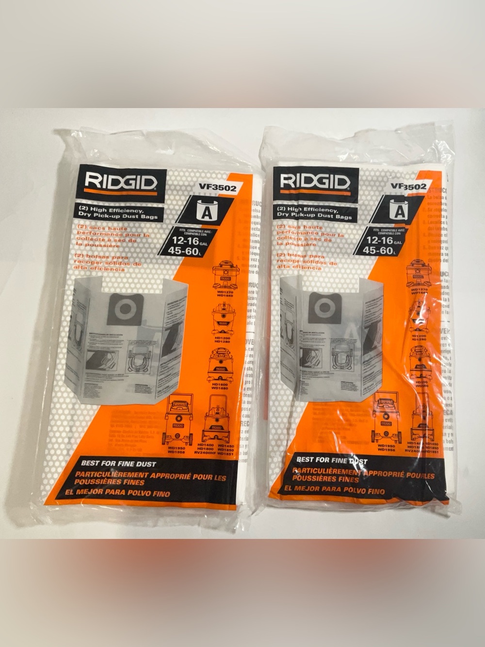 Ridgid VF3502 High Efficiency Dry Dust Bags 2-Pack 12-16 Gallon Wet/Dry Vacs NEW